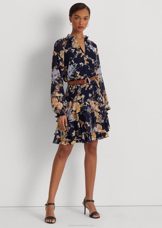 marineblå multi Kvinder Ralph Lauren blomstret krinkle georgette kjole med bælte Z426B4094