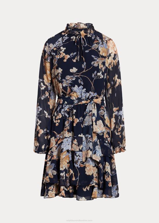 marineblå multi Kvinder Ralph Lauren blomstret krinkle georgette kjole med bælte Z426B4450