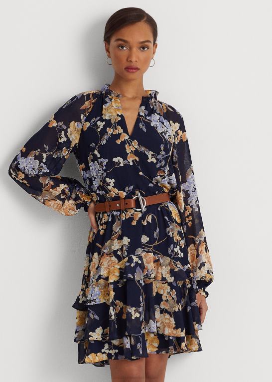 marineblå multi Kvinder Ralph Lauren blomstret krinkle georgette kjole med bælte Z426B4450