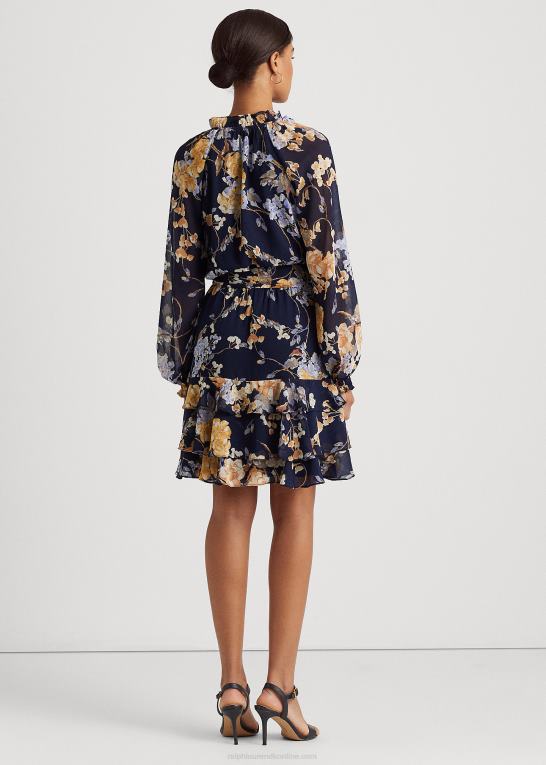 marineblå multi Kvinder Ralph Lauren blomstret krinkle georgette kjole med bælte Z426B4450