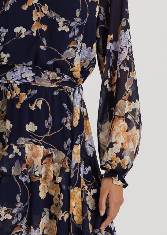 marineblå multi Kvinder Ralph Lauren blomstret krinkle georgette kjole med bælte Z426B4450