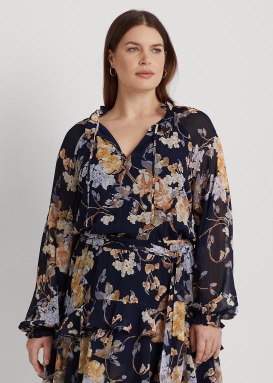 marineblå multi Kvinder Ralph Lauren blomstret krinkle georgette kjole med bælte Z426B4670