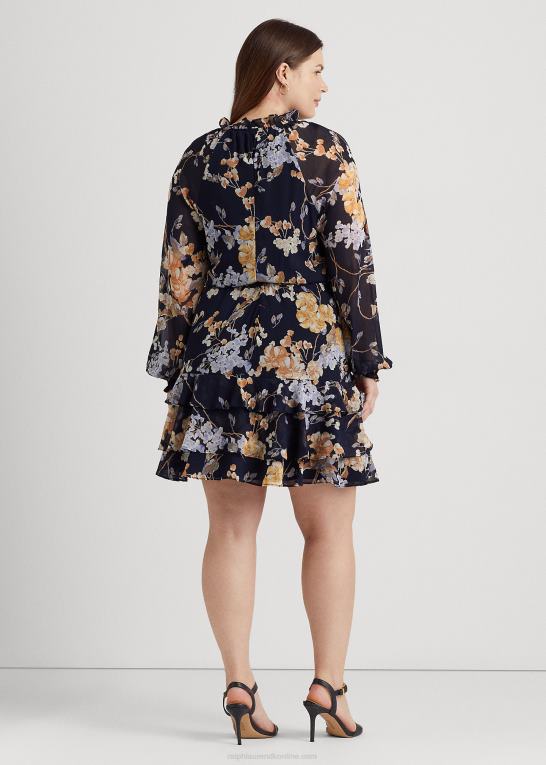 marineblå multi Kvinder Ralph Lauren blomstret krinkle georgette kjole med bælte Z426B4670