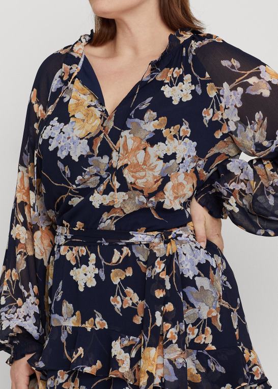 marineblå multi Kvinder Ralph Lauren blomstret krinkle georgette kjole med bælte Z426B4670