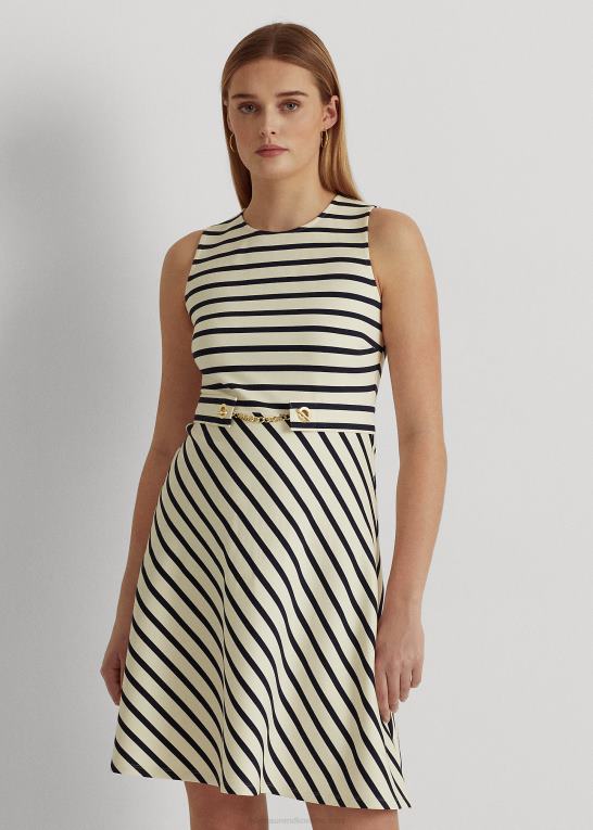 mascarpone creme/navy Kvinder Ralph Lauren stribet ponte kjole med bælte Z426B4002