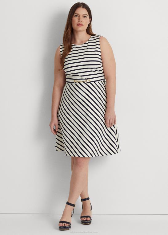 mascarpone creme/navy Kvinder Ralph Lauren stribet ponte kjole med bælte Z426B4605