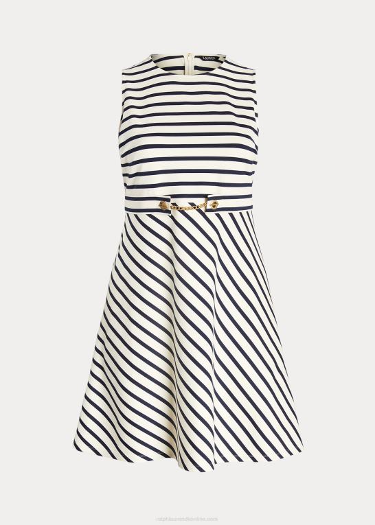 mascarpone creme/navy Kvinder Ralph Lauren stribet ponte kjole med bælte Z426B4605