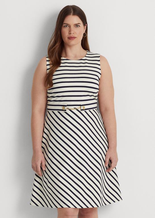 mascarpone creme/navy Kvinder Ralph Lauren stribet ponte kjole med bælte Z426B4605