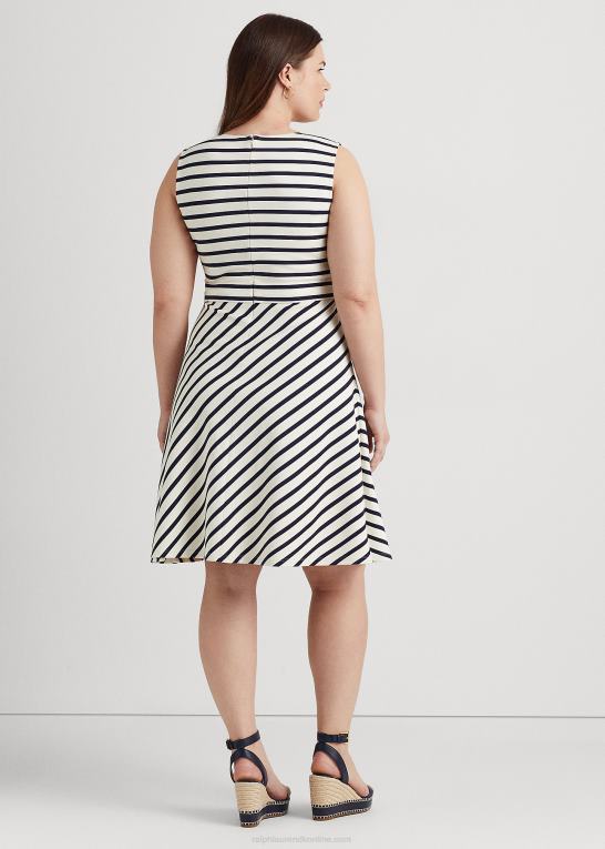 mascarpone creme/navy Kvinder Ralph Lauren stribet ponte kjole med bælte Z426B4605