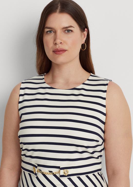mascarpone creme/navy Kvinder Ralph Lauren stribet ponte kjole med bælte Z426B4605