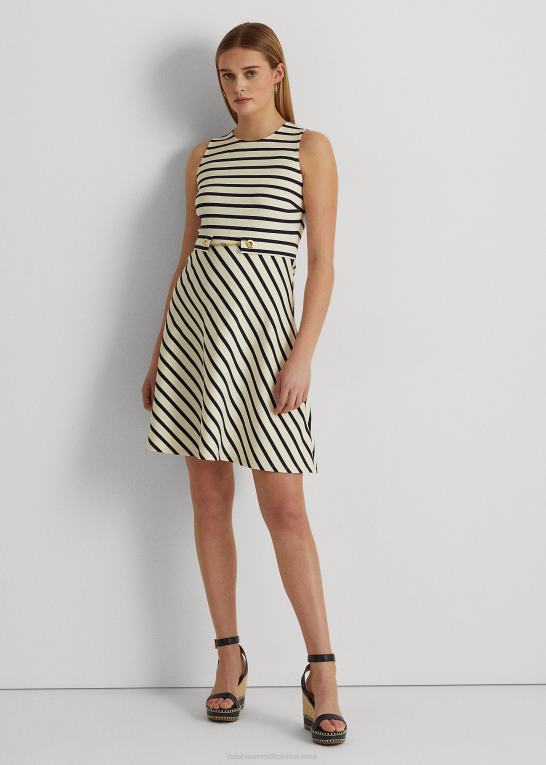 mascarpone creme/navy Kvinder Ralph Lauren stribet ponte kjole med bælte Z426B4834