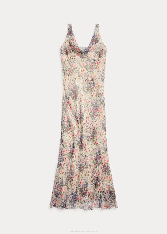 multi/tan Kvinder Ralph Lauren blomstret krøllet silke chiffon kjole Z426B3651