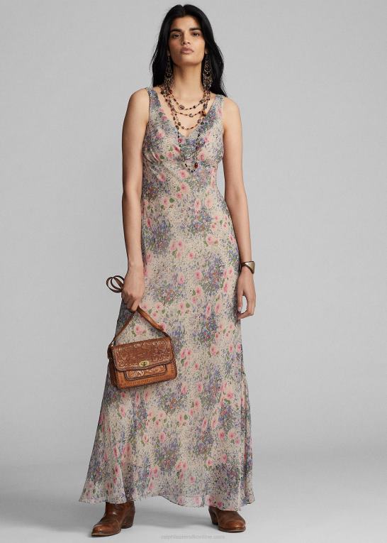 multi/tan Kvinder Ralph Lauren blomstret krøllet silke chiffon kjole Z426B3651