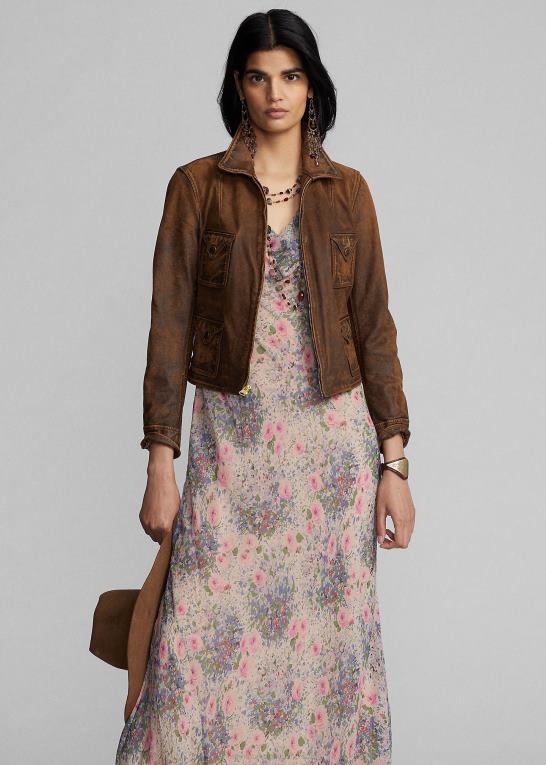 multi/tan Kvinder Ralph Lauren blomstret krøllet silke chiffon kjole Z426B3651
