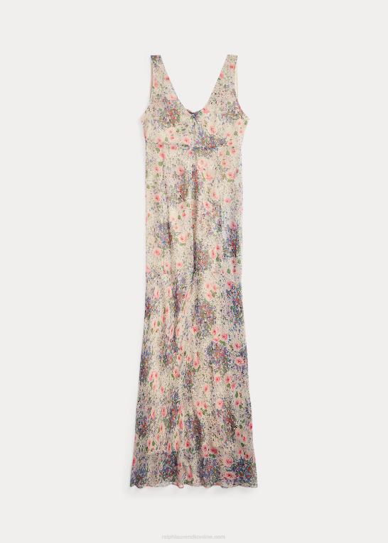 multi/tan Kvinder Ralph Lauren blomstret krøllet silke chiffon kjole Z426B3651