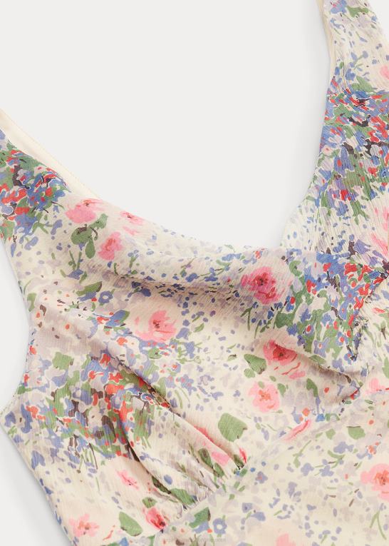 multi/tan Kvinder Ralph Lauren blomstret krøllet silke chiffon kjole Z426B3651