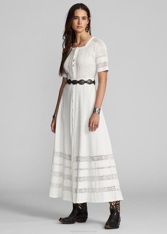 off-white Kvinder Ralph Lauren jerseykjole i hør-bomuld med blonder Z426B3631