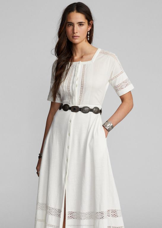 off-white Kvinder Ralph Lauren jerseykjole i hør-bomuld med blonder Z426B3631
