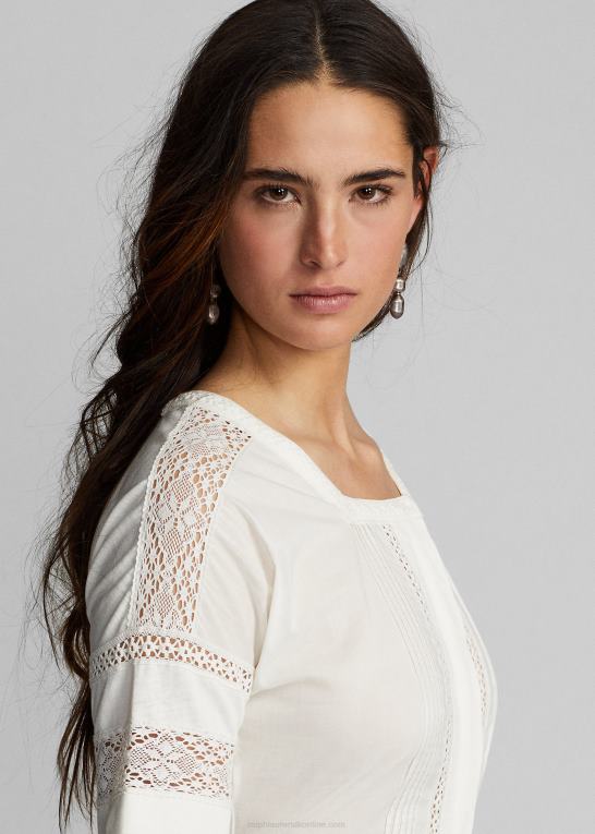 off-white Kvinder Ralph Lauren jerseykjole i hør-bomuld med blonder Z426B3631