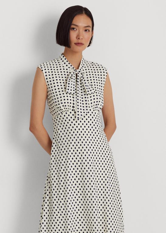 pergament creme/marine Kvinder Ralph Lauren georgette-kjole med polkaprikker med slips Z426B4427