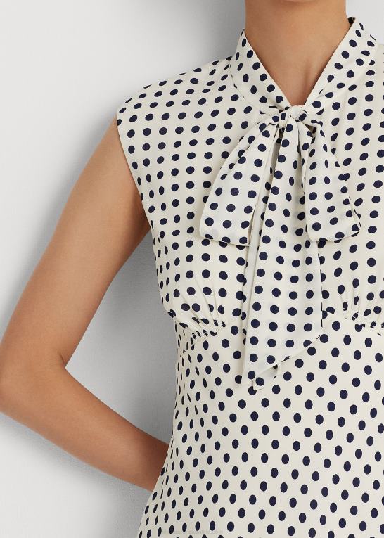 pergament creme/marine Kvinder Ralph Lauren georgette-kjole med polkaprikker med slips Z426B4427