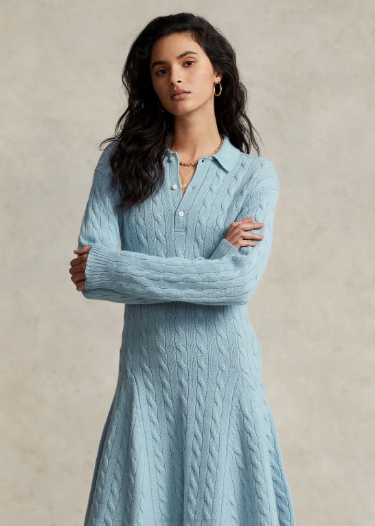 pudder blå Kvinder Ralph Lauren kabelstrikket uld-cashmir sweaterkjole Z426B3121