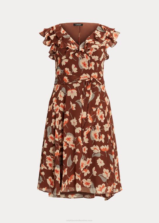 rødbrun/orange/creme Kvinder Ralph Lauren blomstret georgette-kjole med flæsekant Z426B4517
