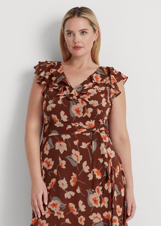 rødbrun/orange/creme Kvinder Ralph Lauren blomstret georgette-kjole med flæsekant Z426B4517