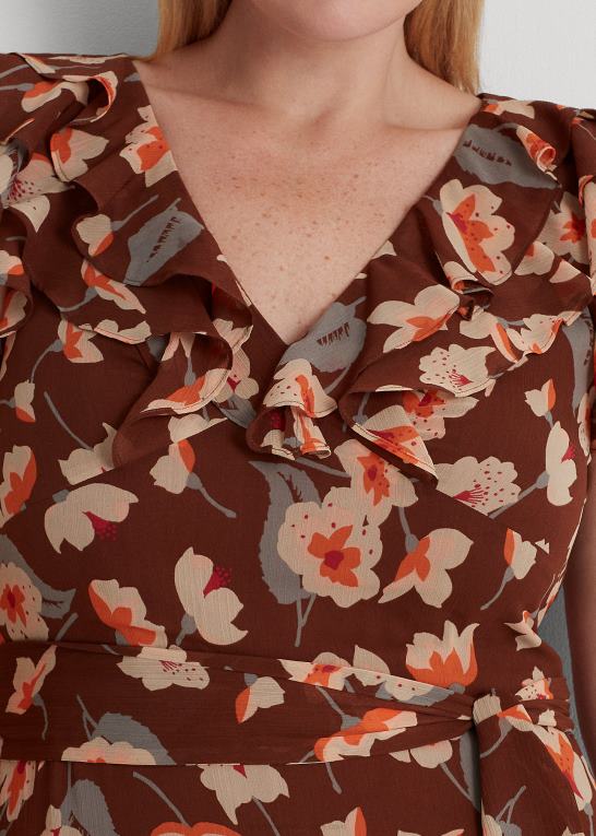 rødbrun/orange/creme Kvinder Ralph Lauren blomstret georgette-kjole med flæsekant Z426B4517
