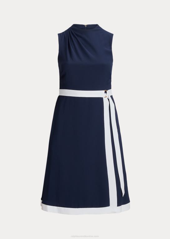 raffineret marineblå/hvid Kvinder Ralph Lauren crepe mockneck kjole med bælte Z426B4808