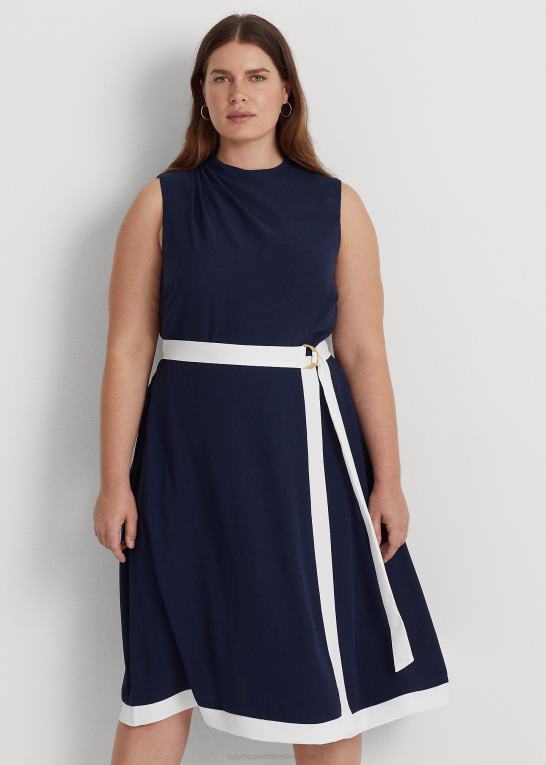 raffineret marineblå/hvid Kvinder Ralph Lauren crepe mockneck kjole med bælte Z426B4808