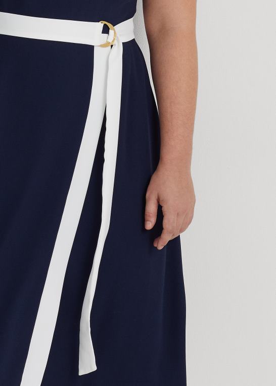 raffineret marineblå/hvid Kvinder Ralph Lauren crepe mockneck kjole med bælte Z426B4808