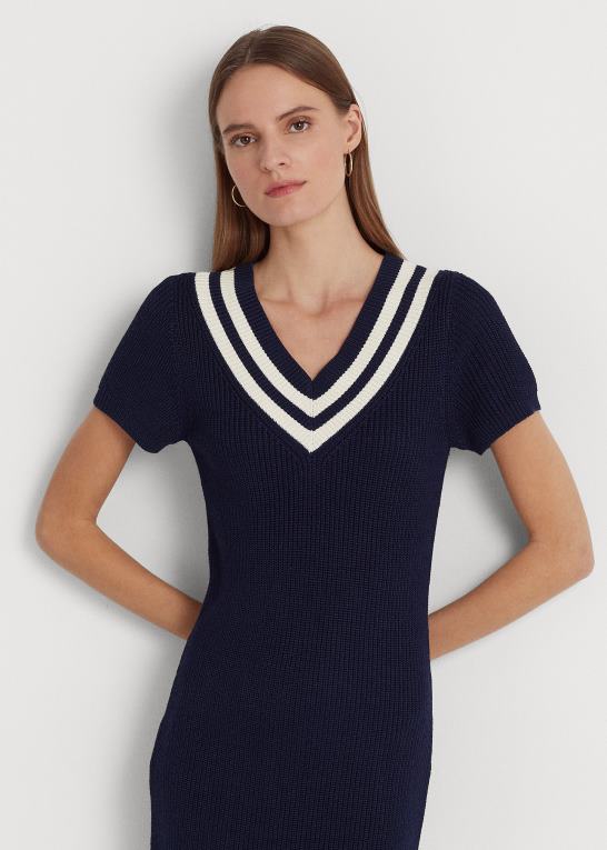 raffineret navy/creme Kvinder Ralph Lauren bomuldsblandet cricket sweater kjole Z426B4050