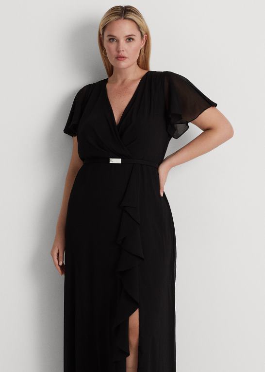 sort Kvinder Ralph Lauren georgette kjole med flagerærmer med bælte Z426B4683