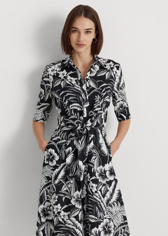 sort hvid Kvinder Ralph Lauren blomstret skjortekjole i linned foran Z426B3882