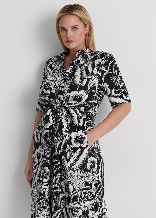 sort hvid Kvinder Ralph Lauren blomstret skjortekjole i linned foran Z426B4560