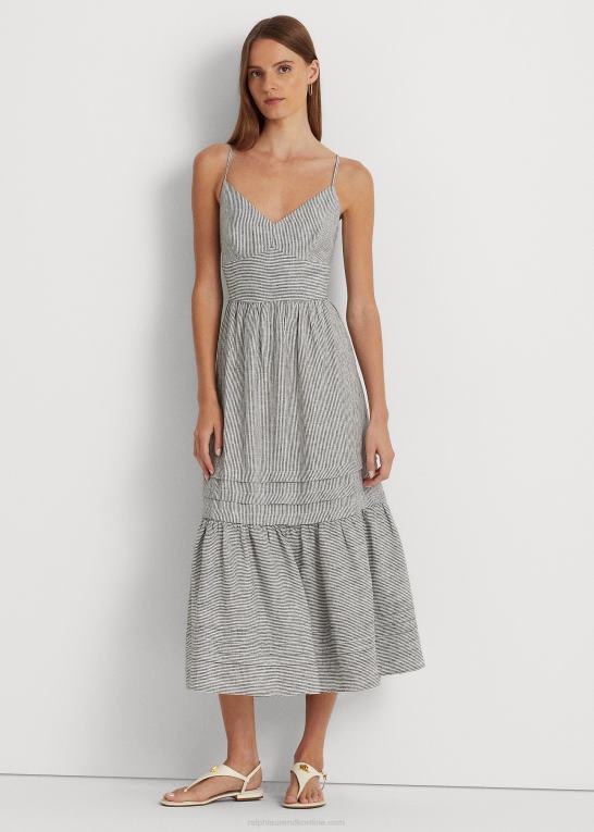 sort hvid Kvinder Ralph Lauren stribet bow-back hørkjole Z426B3926