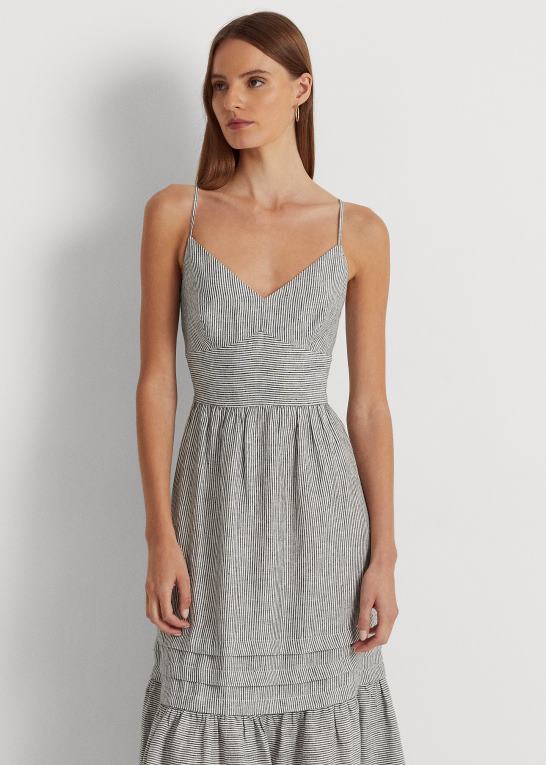 sort hvid Kvinder Ralph Lauren stribet bow-back hørkjole Z426B3926