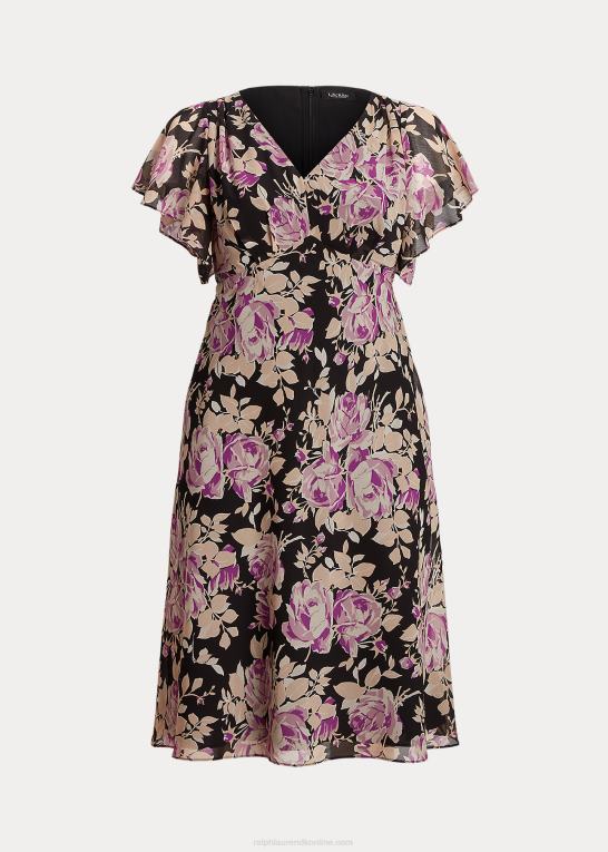 sort/lavendel/creme Kvinder Ralph Lauren blomstret crinkle georgette kjole Z426B4776
