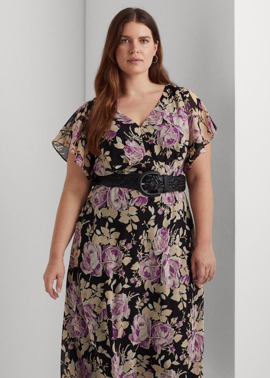 sort/lavendel/creme Kvinder Ralph Lauren blomstret crinkle georgette kjole Z426B4776
