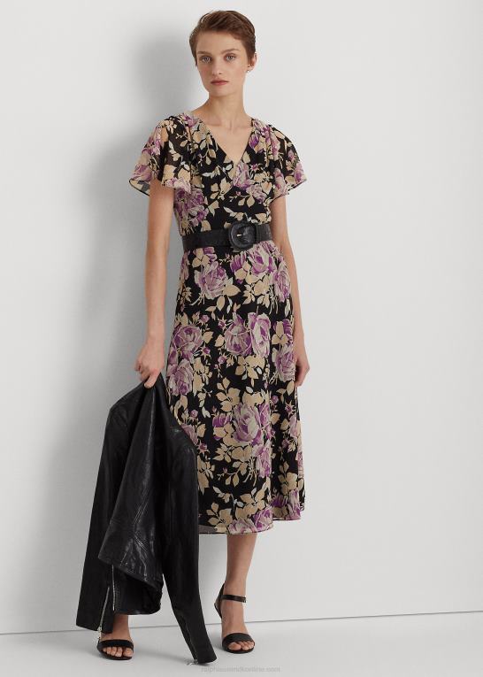 sort/lavendel/creme Kvinder Ralph Lauren blomstret crinkle georgette kjole Z426B4872