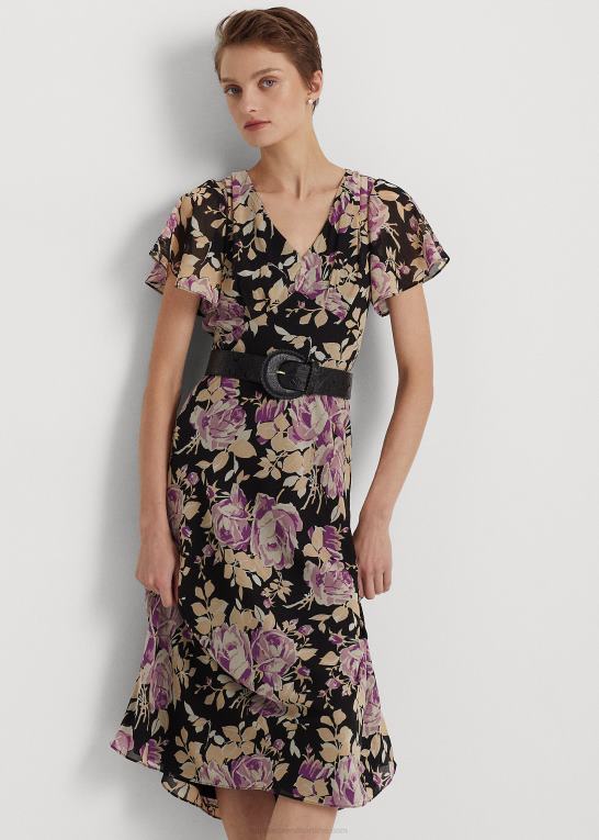 sort/lavendel/creme Kvinder Ralph Lauren blomstret crinkle georgette kjole Z426B4872