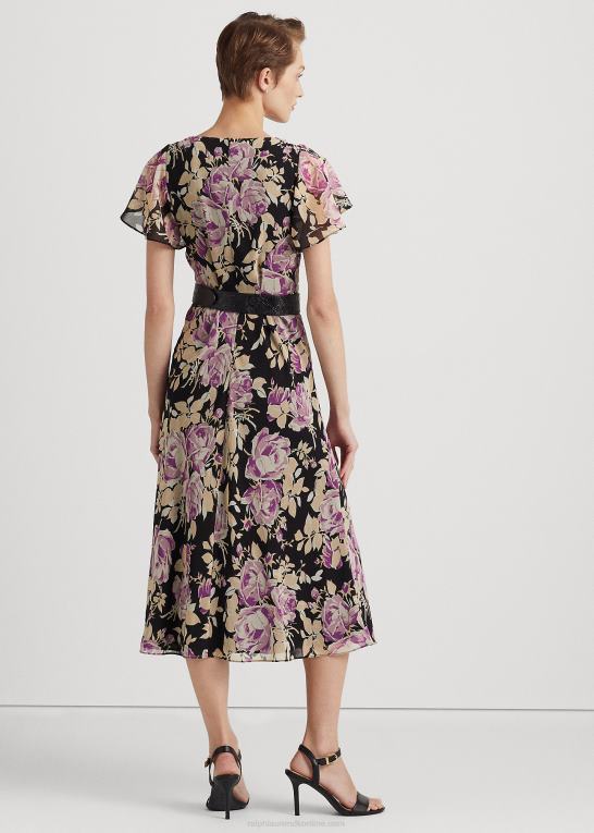 sort/lavendel/creme Kvinder Ralph Lauren blomstret crinkle georgette kjole Z426B4872