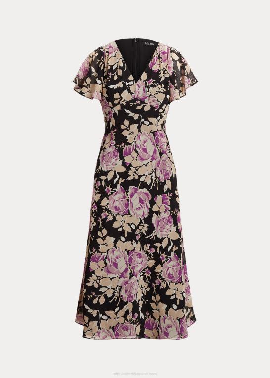 sort/lavendel/creme Kvinder Ralph Lauren blomstret crinkle georgette kjole Z426B9522