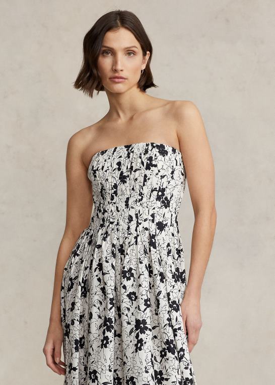 sort lilje på creme Kvinder Ralph Lauren stropløs kjole i hør Z426B2984