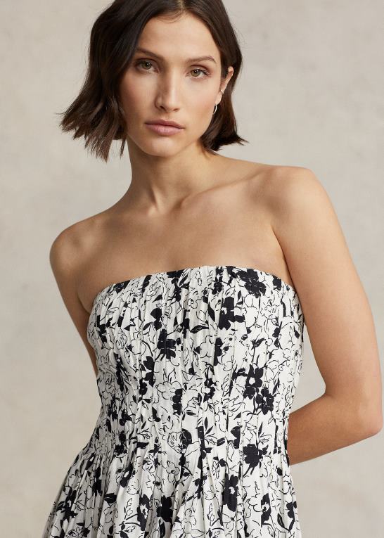 sort lilje på creme Kvinder Ralph Lauren stropløs kjole i hør Z426B2984