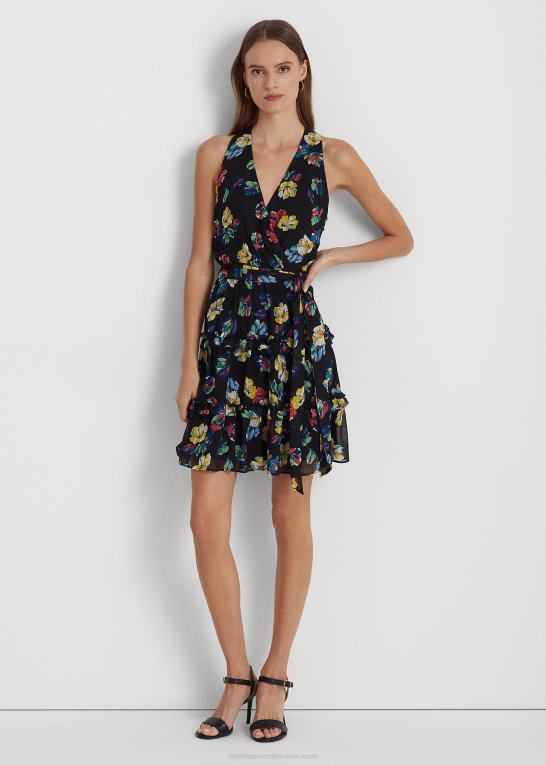 sort multi Kvinder Ralph Lauren blomstret crinkle georgette surplice kjole Z426B3912