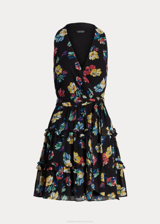 sort multi Kvinder Ralph Lauren blomstret crinkle georgette surplice kjole Z426B3912