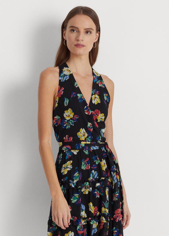 sort multi Kvinder Ralph Lauren blomstret crinkle georgette surplice kjole Z426B3912