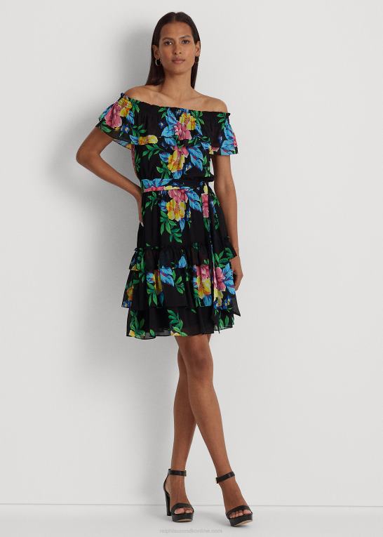 sort multi Kvinder Ralph Lauren blomstret georgette off-shoulder kjole Z426B3868